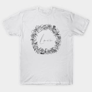 Tropical Flowers Wreath Vintage Botanical Illustration with butterflies and Love Sign T-Shirt